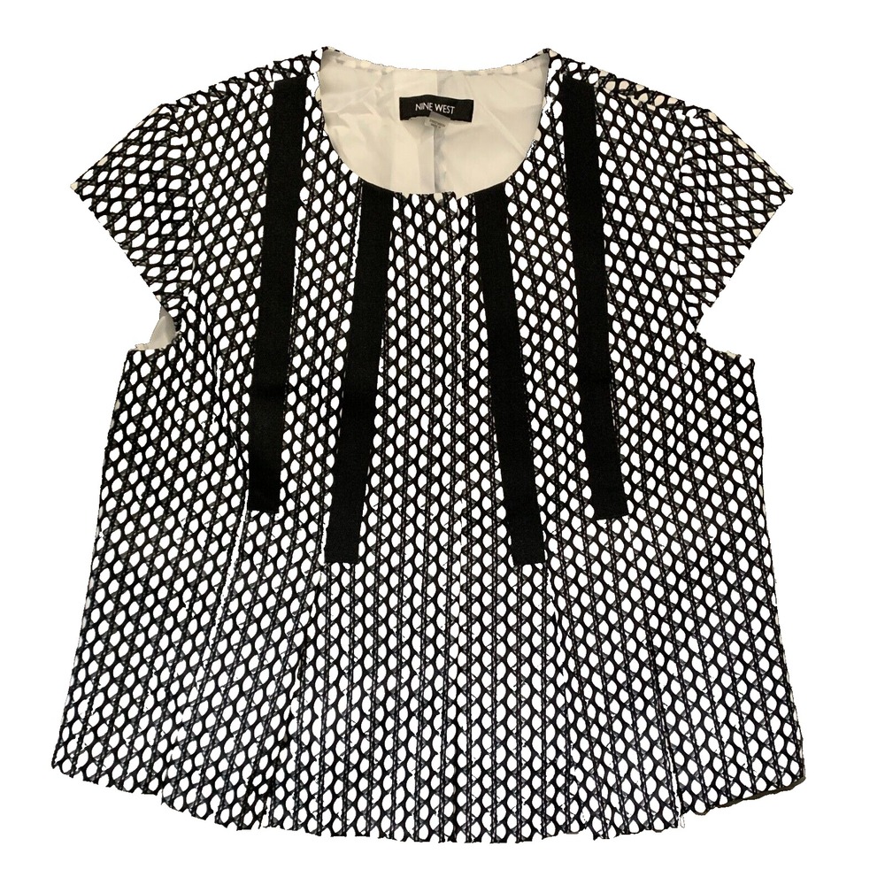 NINE WEST Womens Size 10 Black White Textured Cap‎ Sleeve Pleated Jacket Career